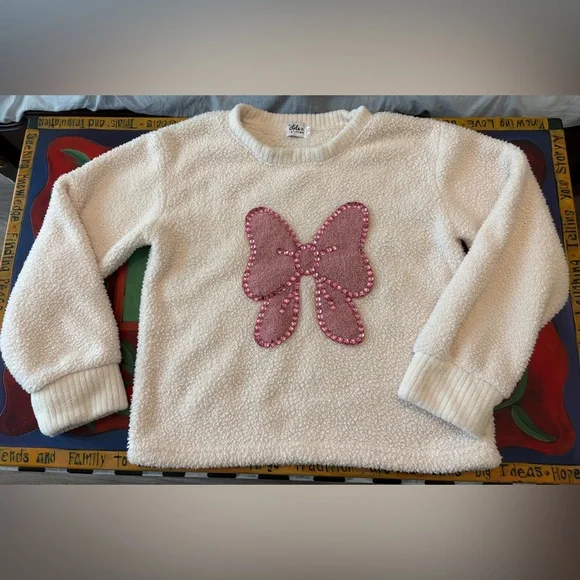 Lola and The Boys Plush Pink Crystal Bow Sweater Size 10 - Picture 1 of 4